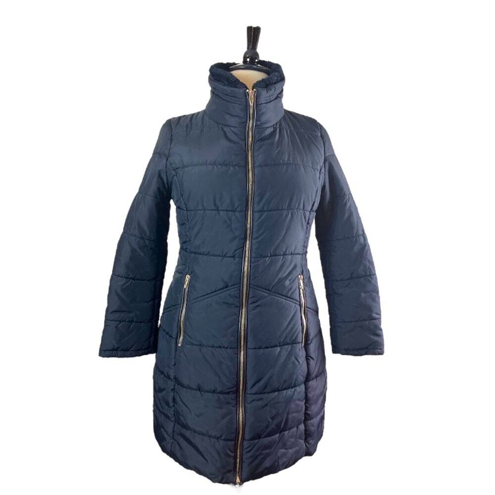SFERA Basic Women’s Puffer Winter Coat Zip Front Fleece Collar Black Size 10